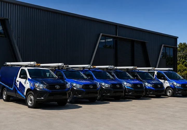 Our plumbing vans lined up before a Croydon Park shift